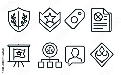 Line style icons of character factions: alliance icon, rebel badge, neutral tag, faction loyalty file, faction flag board, group affiliation chart, membership bubble, faction symbol.