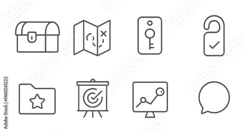 Line style icons of quest objectives: treasure chest icon, map icon, key badge, unlockable door tag, mission file, goal achievement board, quest progress chart, objective bubble.