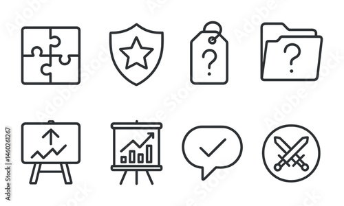 Line style icons of quest challenges: puzzle icon, challenge badge, mystery tag, riddle file, task difficulty board, challenge chart, progress check bubble, challenge icon symbol.