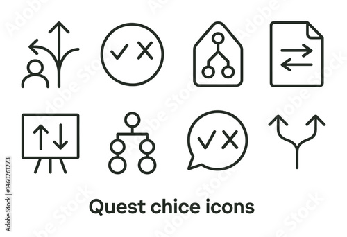 Line style icons of quest choices: decision icon, choice badge, decision tree tag, action selection file, consequence board, branch chart, moral choice bubble, decision path symbol.