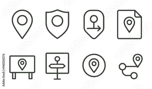 Line style icons of quest markers: location marker icon, quest marker badge, waypoint tag, navigation file, map coordinates board, quest direction chart, tracking bubble, quest path symbol.