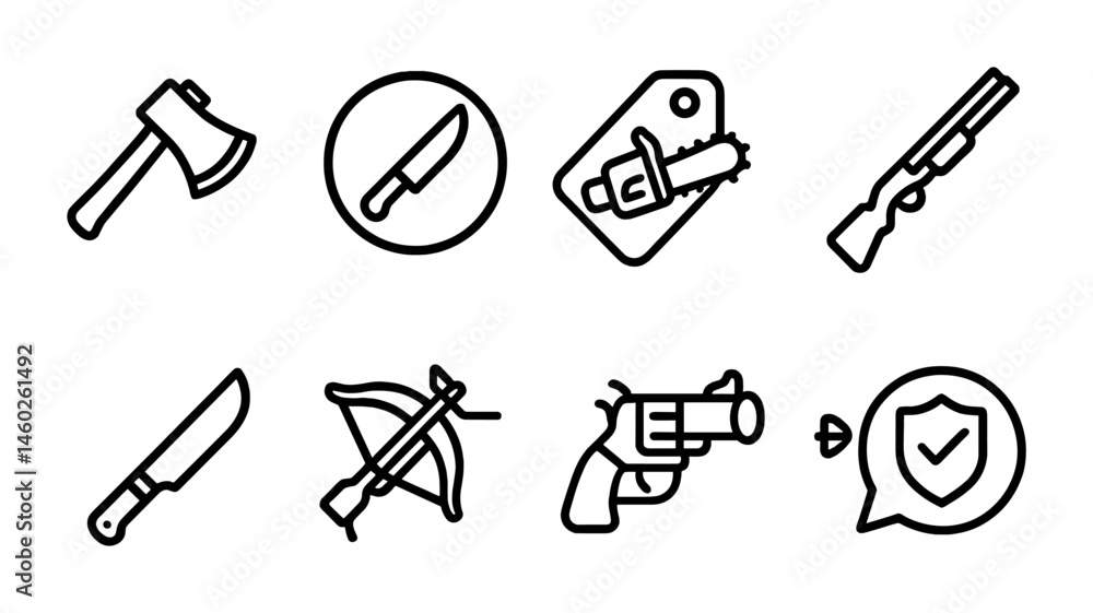 Fototapeta premium Line style icons of horror weapons: axe icon, knife badge, chainsaw tag, shotgun file, machete board, crossbow chart, flare gun bubble, defense symbol.