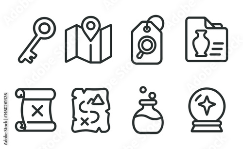 Line style icons of quest items: key icon, map badge, clue tag, artifact file, secret scroll board, hidden treasure chart, quest item bubble, magical object symbol.