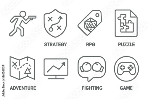 Line style icons of game genres: action icon, strategy badge, RPG tag, puzzle file, adventure board, simulation chart, fighting game bubble, game type symbol.