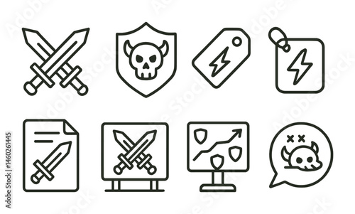 Line style icons of quest combat: battle icon, enemy badge, fight challenge tag, combat task file, fighting arena board, combat progression chart, enemy defeated bubble, quest fight symbol.
