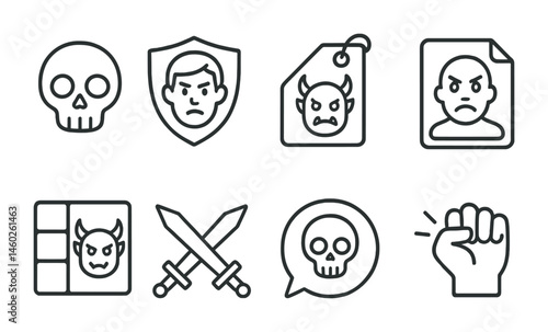 Line style icons of quest enemies: enemy icon, opponent badge, monster tag, villain file, enemy type board, battle encounter chart, enemy defeat bubble, fight symbol.