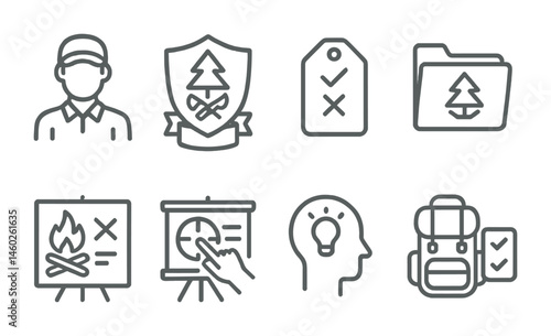 Line style icons of survival training: instructor icon, workshop badge, practice test tag, field exercises file, survival skills board, hands-on training chart, knowledge bubble, preparation symbol.
