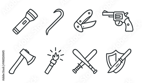 Line style icons of horror weapons and items: flashlight icon, crowbar badge, pocket knife tag, revolver file, axe handle board, flare chart, weaponry bubble, self-defense symbol.
