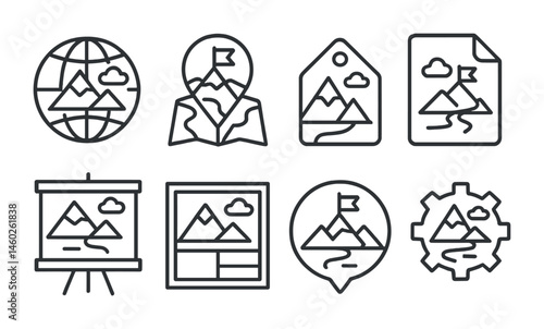 Line style icons of game environments: virtual world icon, map badge, game world tag, in-game location file, level design board, environment chart, open world bubble, game setting symbol.