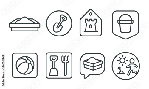 Line style icons of sandbox play: sandbox icon, toy shovel badge, sandcastle tag, toy bucket file, beach ball board, play tools chart, sandbox play bubble, outdoor fun symbol.