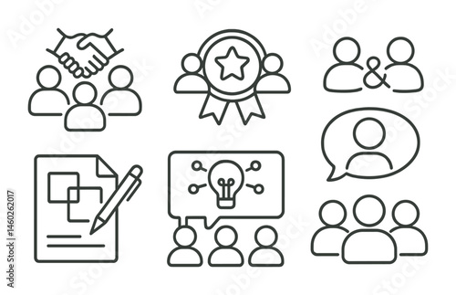 Line style icons of creative collaboration: teamwork icon, shared project badge, co-creation tag, joint design file, collaboration board, group idea chart, team brainstorming bubble, cooperative