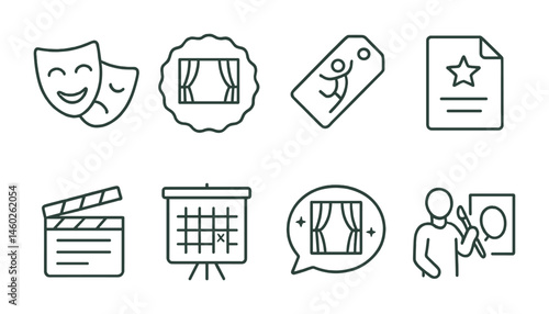 Line style icons of performing arts: theater mask icon, stage badge, dance tag, performance file, play script board, rehearsal chart, show bubble, performance art symbol.