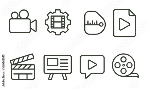 Line style icons of video production: video camera icon, editing badge, timeline tag, recording file, production board, film set chart, video project bubble, filmmaking symbol.