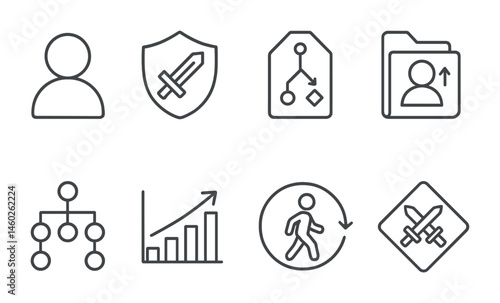 Line style icons of role-playing quests: character icon, class badge, quest choice tag, character upgrade file, skill path board, experience chart, hero’s journey bubble, role-playing symbol.