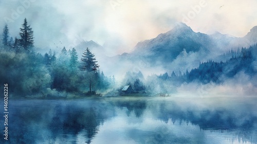 Misty mountain lake scene with tranquil cabin.