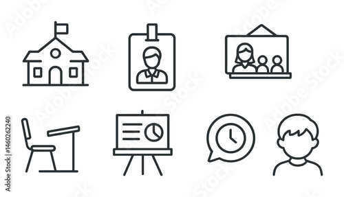 Line style icons of children’s education: school icon, teacher badge, classroom tag, homework file, student desk board, lesson chart, study time bubble, young learner symbol.