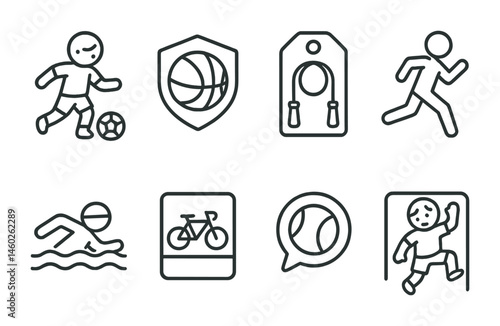 Line style icons of children’s sports: soccer icon, basketball badge, skipping rope tag, running file, swimming board, bicycle chart, tennis bubble, active play symbol.