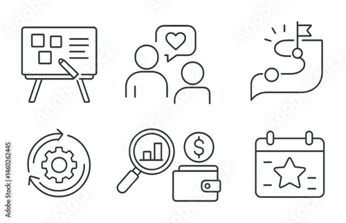 Line style icons of startups: digital whiteboard, early user feedback, startup journey map, coworking desk, rapid iteration icon, market gap magnifier, bootstrap budget, startup event calendar.