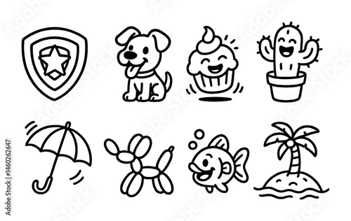 Line style icons of cartoons: superhero shield, cartoon dog, bouncing cupcake, laughing cactus, twirling umbrella, balloon animal, funny fish, cartoon island.