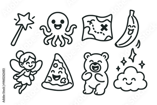 Line style icons of cartoons: magic star wand, silly octopus, cartoon map, laughing banana, tiny fairy, cartoon pizza slice, giggling bear, sparkling cloud.