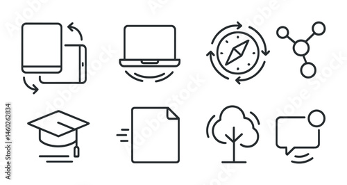 Line style icons of animation: flipping tablet, bouncing laptop, rotating compass, animated network nodes, animated graduation cap, sliding paper sheet, animated tree, pulsing notification.