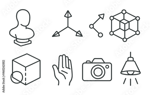 Line style icons of 3D: 3D sculpture, 3D coordinates, vertex handle, polygon mesh, face selection, 3D modeling hand, 3D camera, scene lighting.