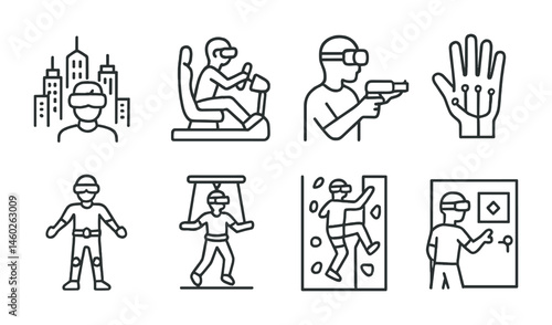 Line style icons of VR: virtual cityscape, VR racing simulator, VR shooting controller, hand tracking system, full body tracking, VR jumping pad, VR climbing wall, VR escape room.