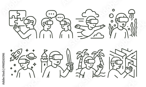 Line style icons of VR: VR puzzle game, VR multiplayer chat, virtual flying experience, underwater VR world, space VR adventure, fantasy VR quest, VR survival island, VR horror maze.
