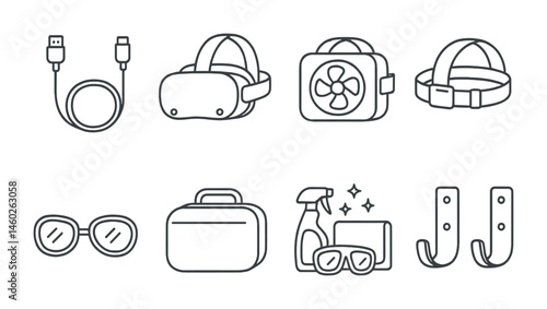 Line style icons of VR: VR connection cables, VR wireless headset, VR headset cooling fan, adjustable head strap, VR prescription lenses, VR carrying case, headset cleaning kit, VR wall mounts.