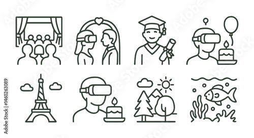 Line style icons of VR: VR live event, VR wedding ceremony, virtual graduation event, VR birthday party, VR travel guide, VR city tour, virtual nature park, VR underwater diving.
