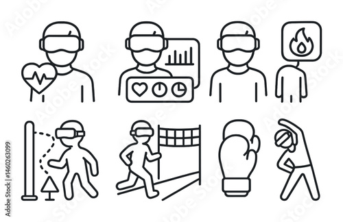 Line style icons of VR: VR heart rate monitor, VR fitness dashboard, VR calorie counter, VR training avatar, VR obstacle course, virtual marathon icon, VR boxing gloves, VR stretching exercise.