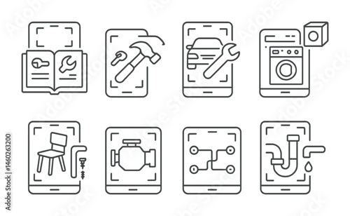 Line style icons of AR: AR repair manual, AR DIY tutorial, AR car repair guide, AR appliance setup, AR assembly instructions, AR engine diagnostics, AR wiring diagram, AR plumbing fix.