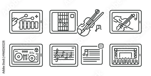 Line style icons of AR: AR musical instrument tutorial, AR guitar chords, AR piano keyboard overlay, AR violin practice guide, AR DJ mixer view, AR music theory app, AR song lyrics display, AR
