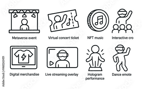 Line style icons of metaverse: metaverse event stage, virtual concert ticket, NFT music token, interactive crowd, digital merchandise, live streaming overlay, hologram performance, dance emote.