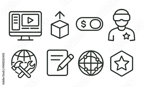 Line style icons of metaverse: creator dashboard, 3D asset upload, monetization toggle, avatar branding, build mode, content edit tool, virtual economy icon, creator badge.