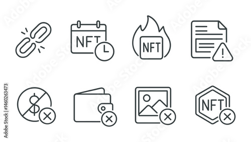 Line style icons of NFT: broken link icon, expired NFT, burned token icon, metadata error, unsupported file alert, failed transaction icon, wallet connection failed, unverified collection.