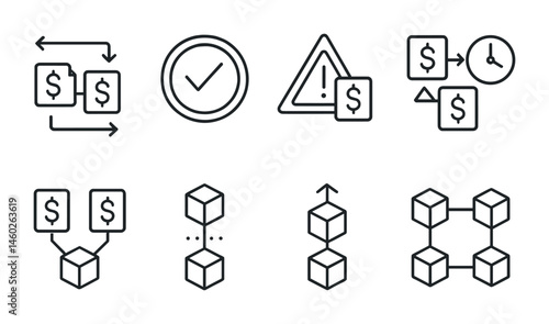 Line style icons of blockchain: transaction pending icon, transaction approved badge, transaction rejected warning, transaction timeout clock, double-spend alert, blockchain latency, blockchain