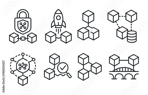 Line style icons of blockchain: quantum resistant blockchain, future blockchain tech, blockchain scaling solution, blockchain zero-knowledge proof, blockchain sidechain solution, layer 2 blockchain,