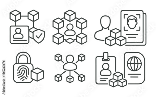 Line style icons of blockchain: blockchain identity verification, decentralized ID icon, KYC process icon, biometric blockchain ID, personal data vault, self-sovereign identity, blockchain ID badge,