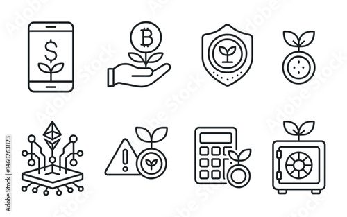 Line style icons of cryptocurrency: crypto farming app, liquidity farming rewards, farming token badge, DeFi farming platform, farming risk alert, farming yield calculator, farming LP tokens, farming