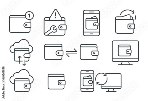 Line style icons of wallets: wallet update notification, wallet maintenance alert, wallet app update, wallet cloud sync, wallet data migration, cross-device wallet connection, wallet cloud backup,
