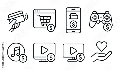 Line style icons of transactions: contactless payment transaction, online shopping payment, in-app purchase transaction, gaming payment transaction, music subscription transaction, video streaming