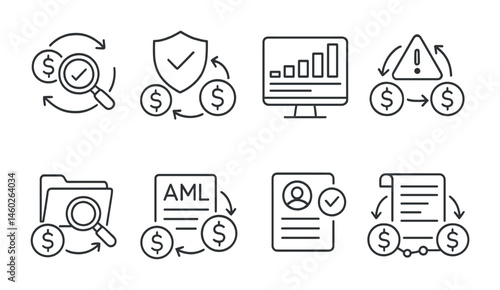 Line style icons of transactions: transaction audit icon, regulatory compliance transaction, transaction monitoring dashboard, suspicious transaction alert, transaction investigation icon, AML check
