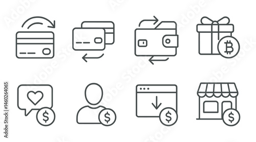 Line style icons of transactions: contactless refund transaction, card-to-wallet transaction, wallet-to-wallet transfer, crypto gift transaction, social media tip transaction, influencer payment