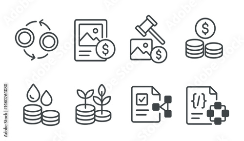Line style icons of transactions: token transaction, NFT purchase transaction, NFT auction transaction, staking transaction, liquidity provision transaction, DeFi farming transaction, DAO voting