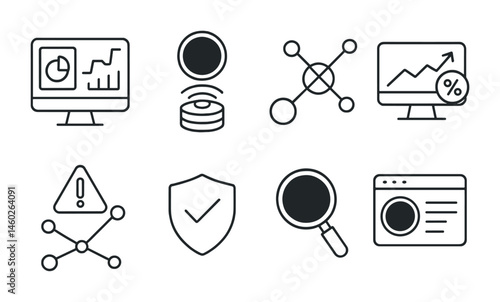 Line style icons of DeFi: DeFi portfolio dashboard, real-time staking rewards, liquidity farming track, DeFi APY monitor, farming risk alert, decentralized audit icon, DeFi security scanner, DeFi