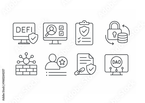 Line style icons of DeFi: DeFi compliance tools, AML check dashboard, DeFi security audit list, transaction privacy enhancer, decentralized firewall, DeFi user reputation score, smart contract