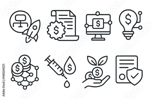 Line style icons of DeFi: DAO DeFi project launch, DeFi governance roadmap, DeFi ecosystem integration, DeFi innovation hub, yield aggregator network, smart liquidity injection, farming pool rewards