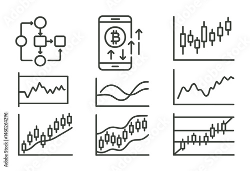 Line style icons of crypto trading: trading strategy builder, trading signals app, crypto technical indicators, RSI indicator graph, MACD indicator lines, moving averages overlay, Bollinger Bands