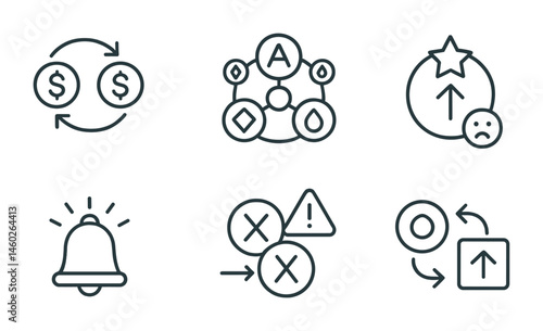 Line style icons of crypto trading: stablecoin trading pair icon, altcoin trading hub, top gainer badge, top loser badge, new listing alert, delisting warning icon, token rebranding notice, asset